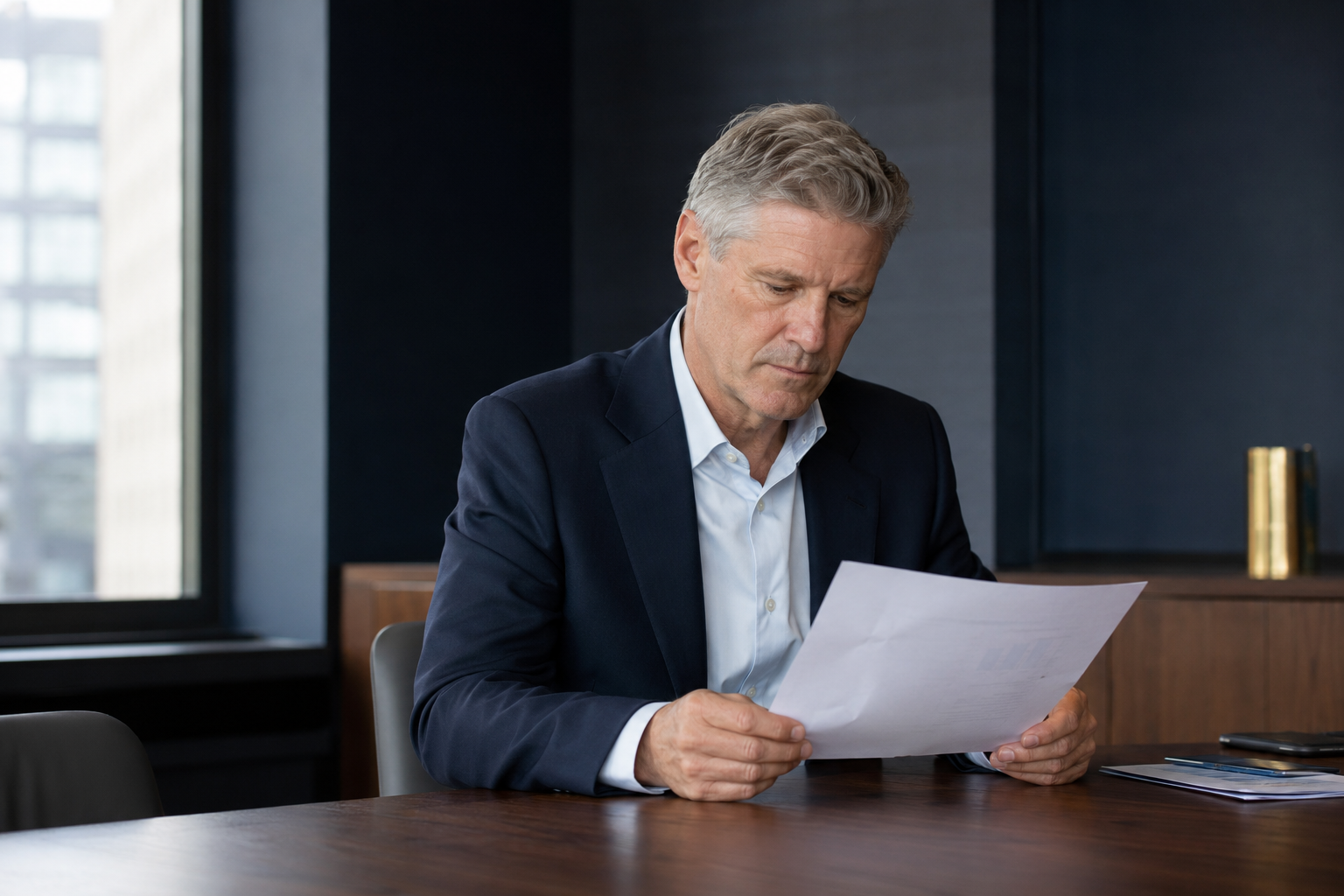 An experienced executive reviewing an operational document in a quiet office