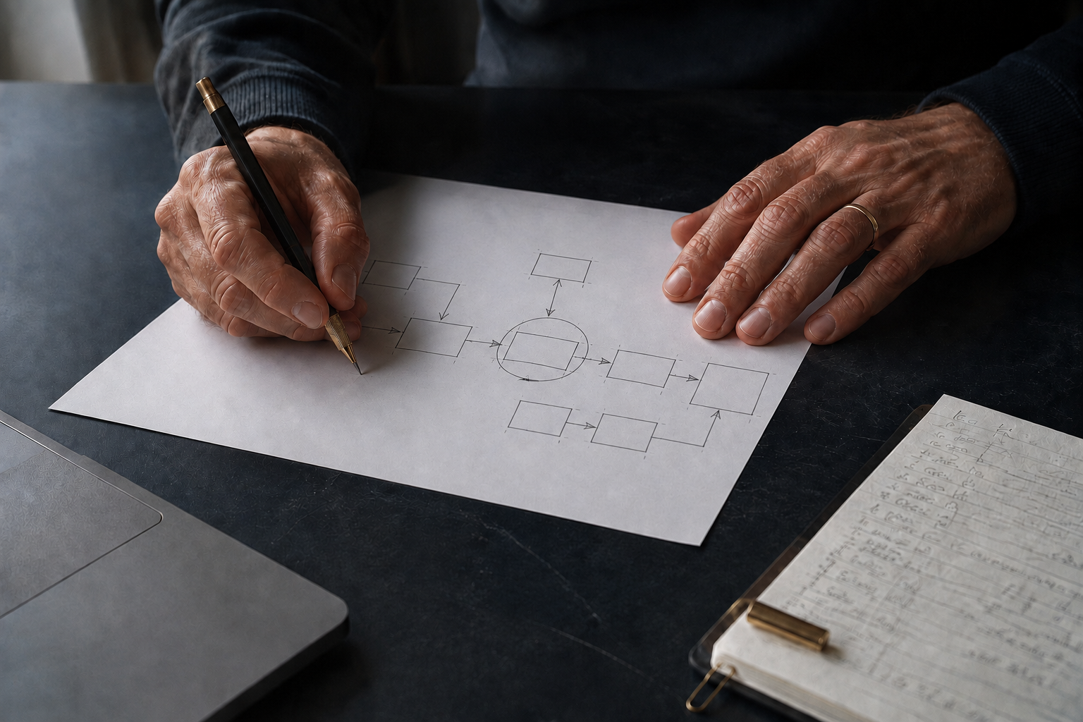 A business professional drawing a focused systems workflow on paper